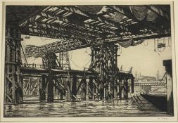 Ian Strang R.E. (British, 1886-1952), Rebuilding Southwark Bridge, signed in pencil lower right,