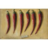 20th Century School, "Red Chillies", indistinctly signed lower right, oil on board, framed. 23cm