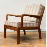 L Olsen & Son, A Danish mid century teak three seat sofa, the slatted back over sprung squab