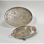 An Epns two handled pierced galleried tray raised on bun feet, (h 5cm x 32cm x 22cm) and an Epns