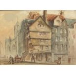 W Kerr, St Giles from the Royal Mile, pencil drawing highlighted with watercolour, signed bottom
