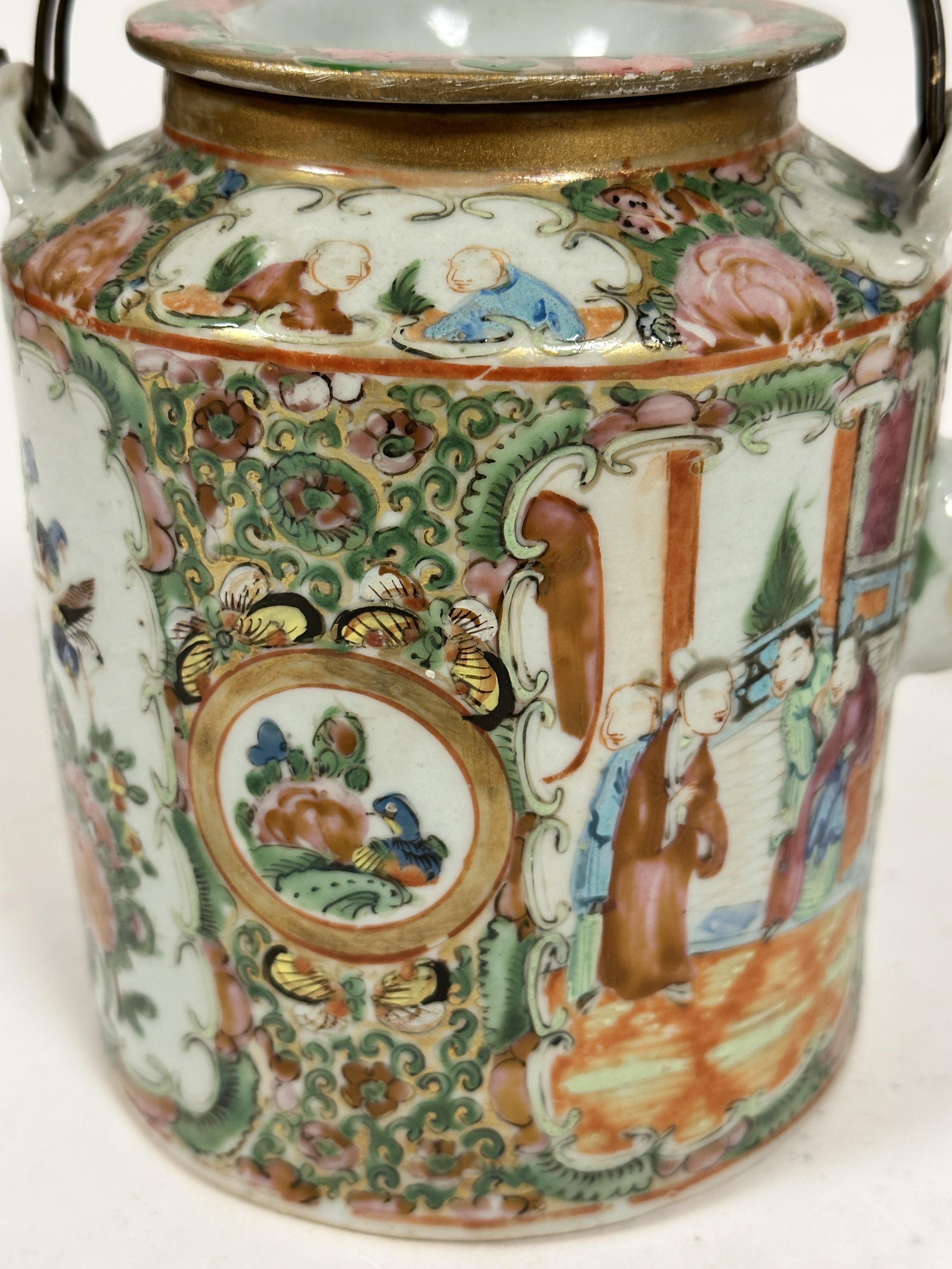 A late 19tch Chinese Canton enamelled cylinder teapot with twin metal handles to top, decorated with - Image 2 of 6