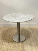 A Contemporary pedestal dining table, the circular white marble top raised on a brushed aluminium