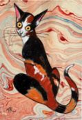 Terry Barron Kirkwood, Tortoiseshell Cat, marbled paper, pastel, signed with initials bottom left,