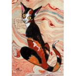 Terry Barron Kirkwood, Tortoiseshell Cat, marbled paper, pastel, signed with initials bottom left,