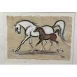 Terry Barron Kirkwood, Mare and Foal, charcoal highlighted with watercolour on handmade textured