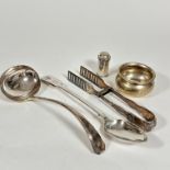 An Epns circular sugar bowl, a pair of Epns plated fiddle and shell pattern tongs, an Epns basting