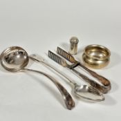 An Epns circular sugar bowl, a pair of Epns plated fiddle and shell pattern tongs, an Epns basting