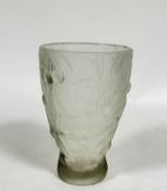 A 1930s tapered frosted moulded glass vase decorated with cherry leaf and fruit design, unmarked, (h