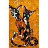 Terry Barron Kirkwood, Two Ginger Tabby Cats, marbled and gilded handmade paper, watercolour and