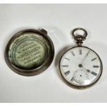 A Chester silver 1868 Victorian pear cased verge pocket watch with enamelled dial and subsidiaries