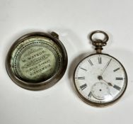 A Chester silver 1868 Victorian pear cased verge pocket watch with enamelled dial and subsidiaries