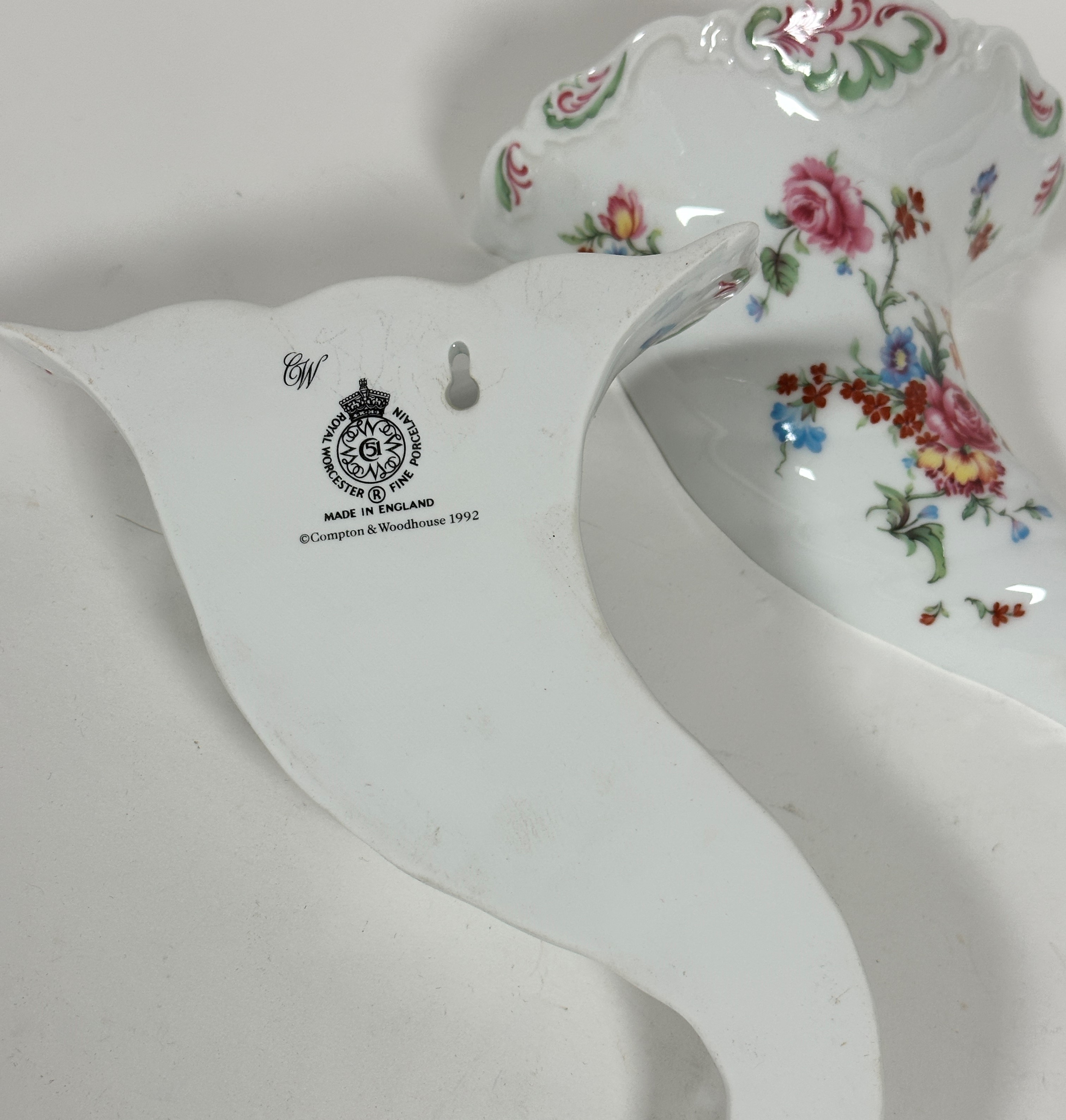 A pair of Royal Worcester porcelain cornucopia wall pockets with scalloped tops decorated with tulip - Image 2 of 2