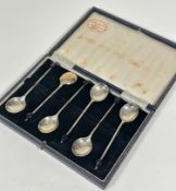 A set of six Birmingham 1964 silver bean handled coffee spoons complete with original case, retailed