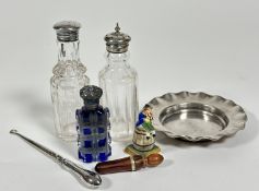 Two Edwardian crystal pepperette condiments with plated tops, (h: 14cm and 13cm) an Epns scalloped