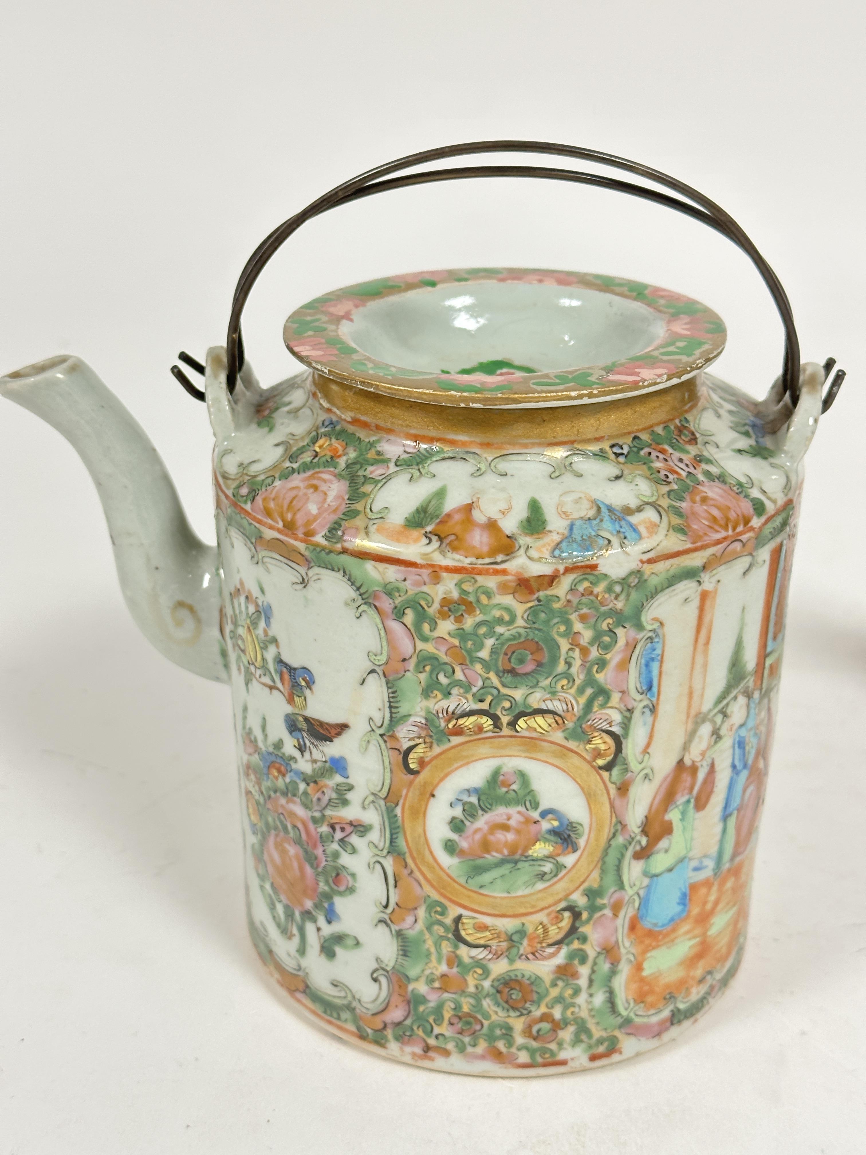 A late 19tch Chinese Canton enamelled cylinder teapot with twin metal handles to top, decorated with - Image 4 of 6