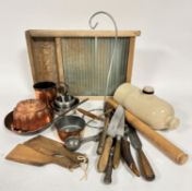 A stoneware hot water bottle, a Glassick glass ribbed treen wash board, a group of copper