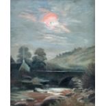 W T J Burton, (British) Moonlight Over a Bridge and Stream, oil on panel, gilt composition frame,