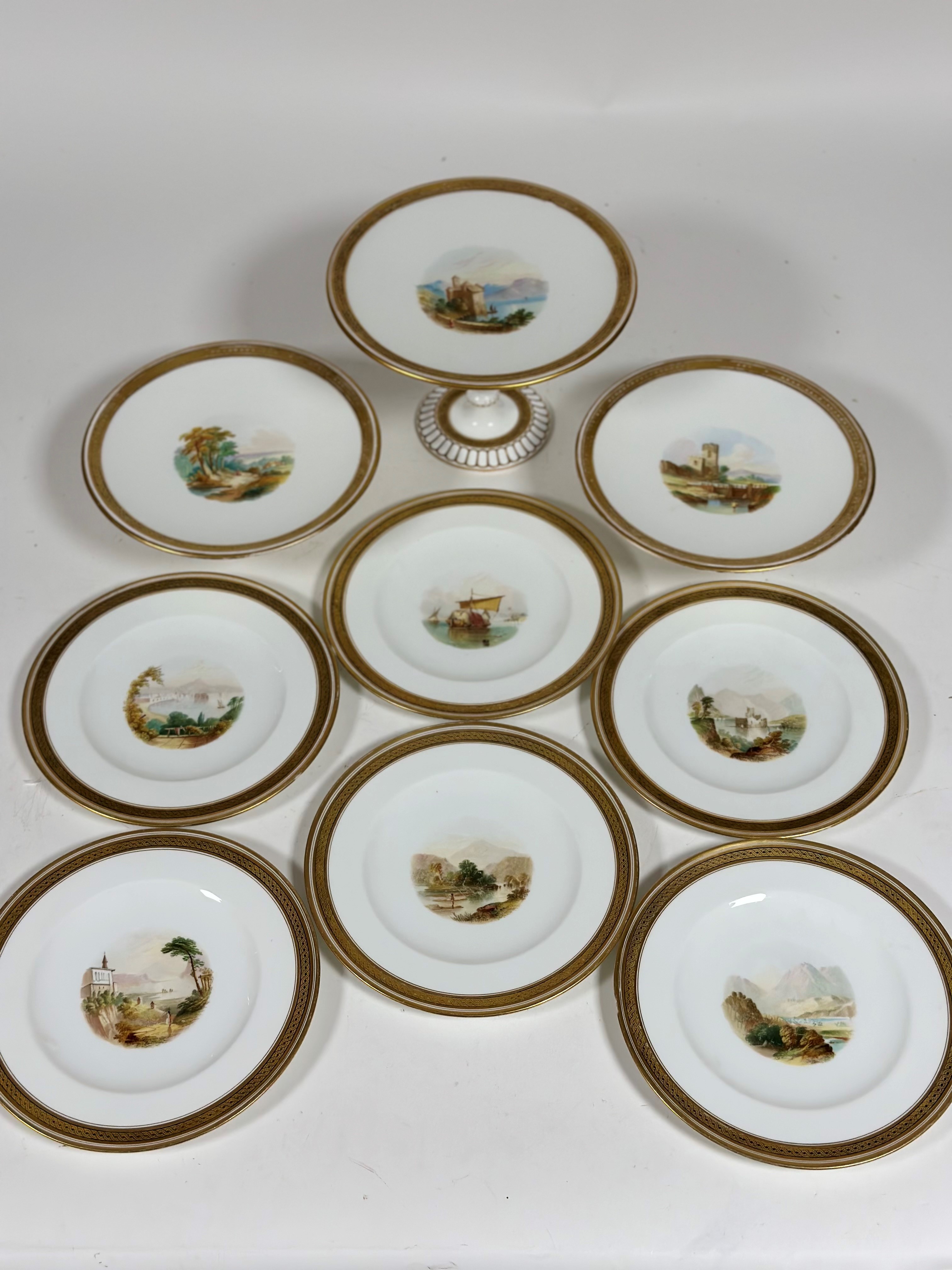 A 19thc nine piece china desert service including two fruit comports ( h- 7 cm), a cake stand (h-