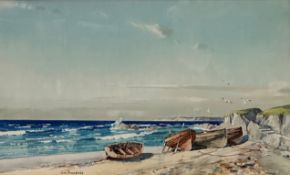 Tom Campbell (Scottish, 1865-1943) Scottish Shore Scene with Beached Boats, watercolour, signed