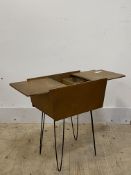 A vintage stained plywood sewing box, on hairpin supports, H52cm