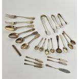 A collection of miscellaneous odd silver dessert forks, table forks, teaspoons, dessert spoons,