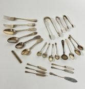 A collection of miscellaneous odd silver dessert forks, table forks, teaspoons, dessert spoons,