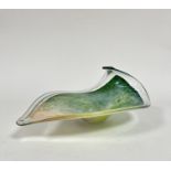 A cased art glass boteh shaped leaf dish with clear border, green, blue, yellow and orange glass