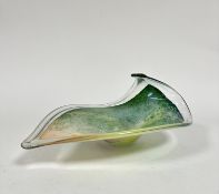 A cased art glass boteh shaped leaf dish with clear border, green, blue, yellow and orange glass