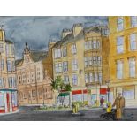 Albert Norris, Street Scene with Figure and Dog, pen and ink highlighted with watercolour, signed