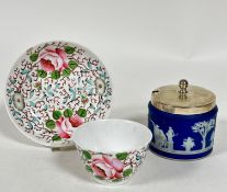 A Wedgwood Royal Blue Jasper ware jam pot with Epns mounted top, stamped verso, (h 8cm x 8cm) and