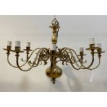 A Dutch style brass chandelier, the central column issuing eight scrolled branches D86cm