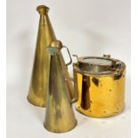 Two brass loud hailers of conical form with mouth pieces and handles to side, (h: 51cm x 27.5cm,