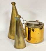 Two brass loud hailers of conical form with mouth pieces and handles to side, (h: 51cm x 27.5cm,