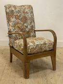An 1930's beech open armchair, upholstered seat and back, raised on square tapered supports, (a/f)
