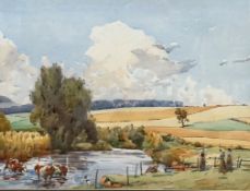 Kenneth Field Balmain SSA (Scottish, 1890-1952) Cattle Crossing a River with Figures to Side,