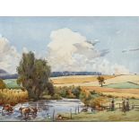 Kenneth Field Balmain SSA (Scottish, 1890-1952) Cattle Crossing a River with Figures to Side,