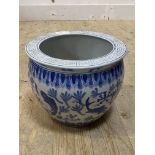 A modern Chinese blue and white porcelain fish bowl with design of car and vegetation, the rime