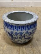 A modern Chinese blue and white porcelain fish bowl with design of car and vegetation, the rime