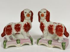 A pair of reproduction Staffordshire style King Charles spaniels on moulded rectangular bases