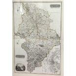 A 19thc print of The Southern Part of Lanarkshire, highlighted with colour, two sections, glazed