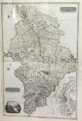 A 19thc print of The Southern Part of Lanarkshire, highlighted with colour, two sections, glazed