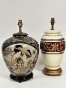 A Japanese china baluster vase table lamp with panel to front with two Japanese female figures