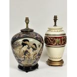 A Japanese china baluster vase table lamp with panel to front with two Japanese female figures