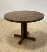 A stained oak and beech centre or dining table, late 20th century, the circular parquetry top raised