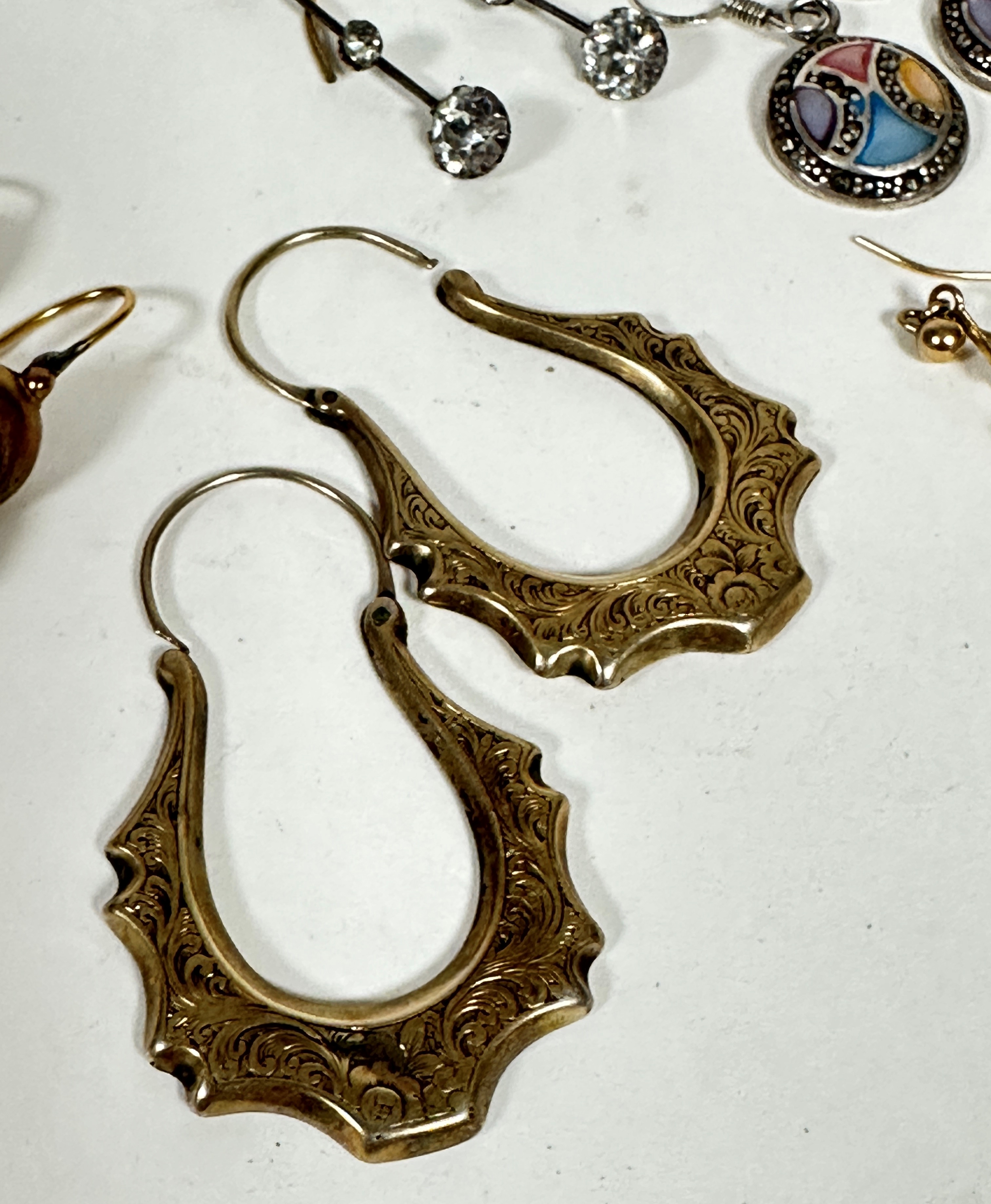 A pair of Victorian style oval scalloped engraved hoop earrings and a pair of yellow metal Victorian - Image 2 of 3