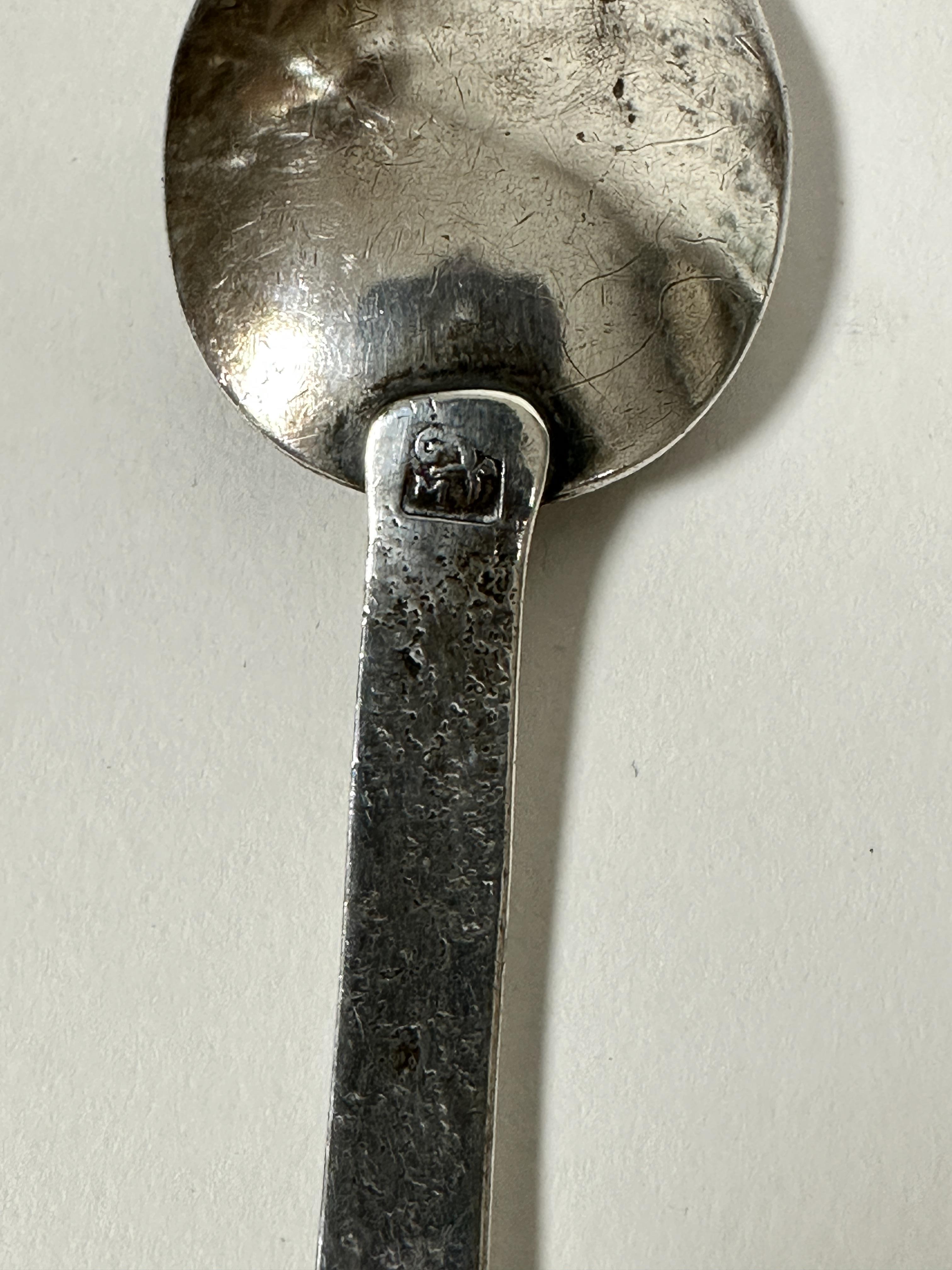 A Continental Georg Jensen style spoon, the square stem with twin leaf scrolling design inset with - Image 4 of 4