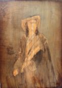 T Claton, Figure of a Violinist with Hat, Sash and Cloak, oil wash on wooden panel, outlined in