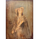 T Claton, Figure of a Violinist with Hat, Sash and Cloak, oil wash on wooden panel, outlined in