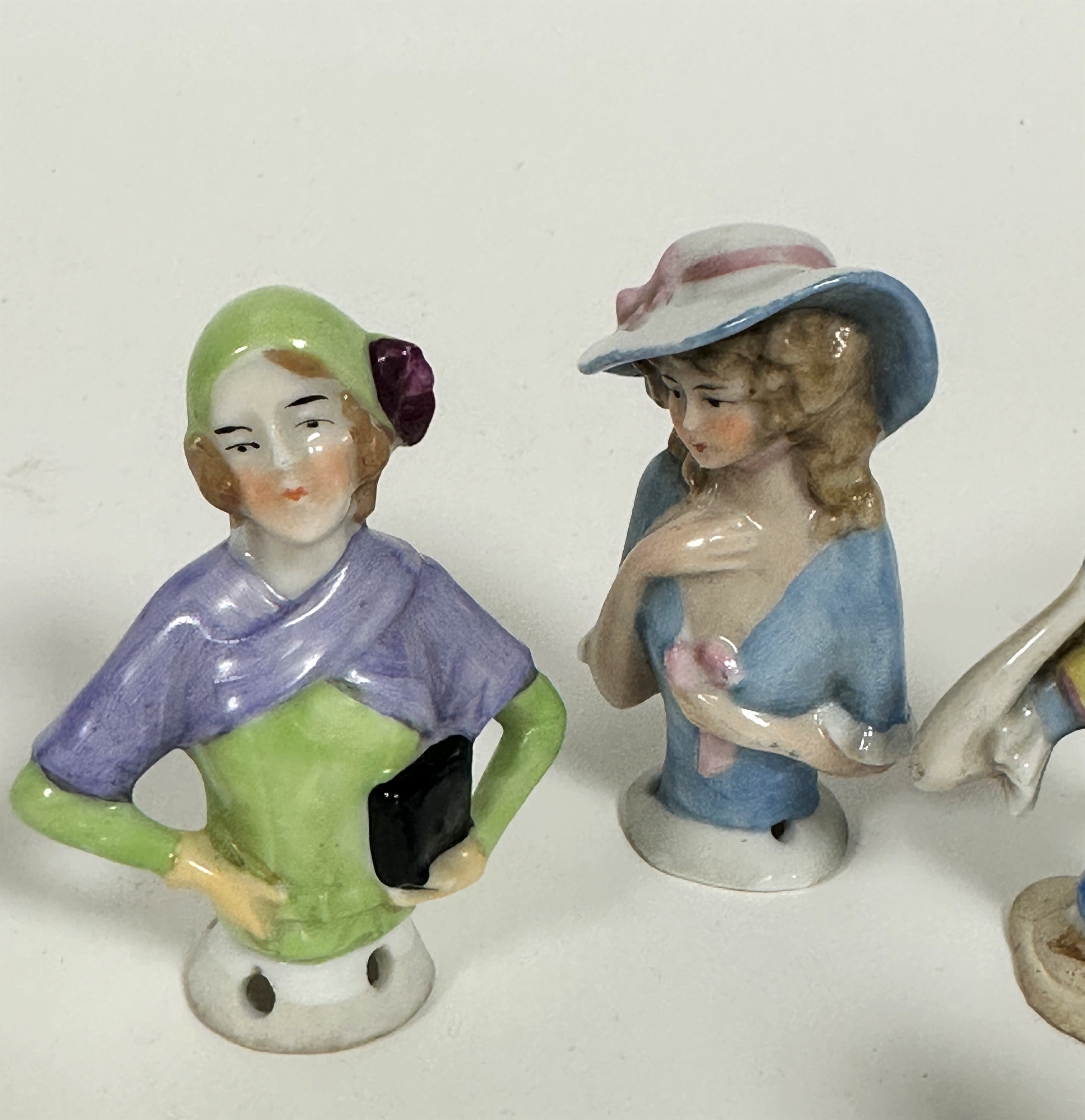 Two china pomander figures of ladies with hats, (h 7.5cm) a 1930s figure with cap and lavender shawl - Image 2 of 2